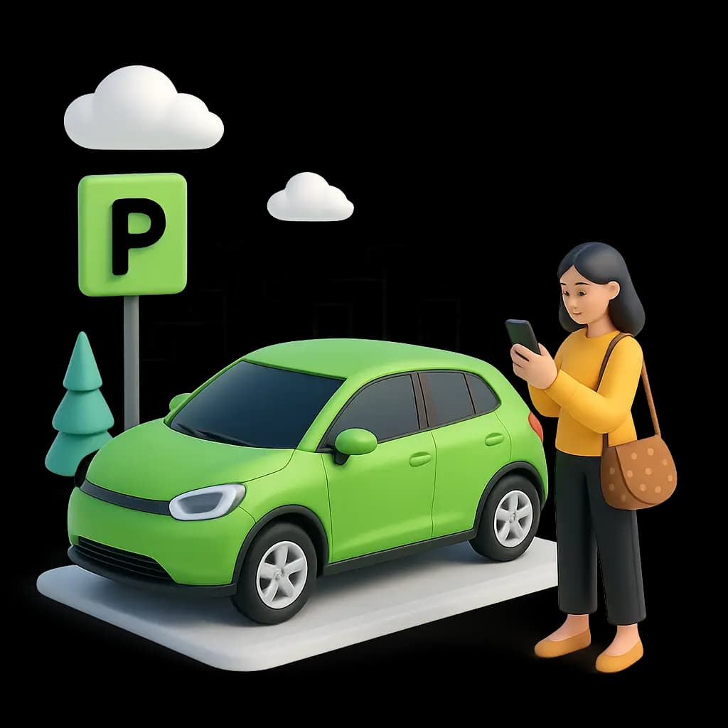 Dame som står ved siden av parkert bil.